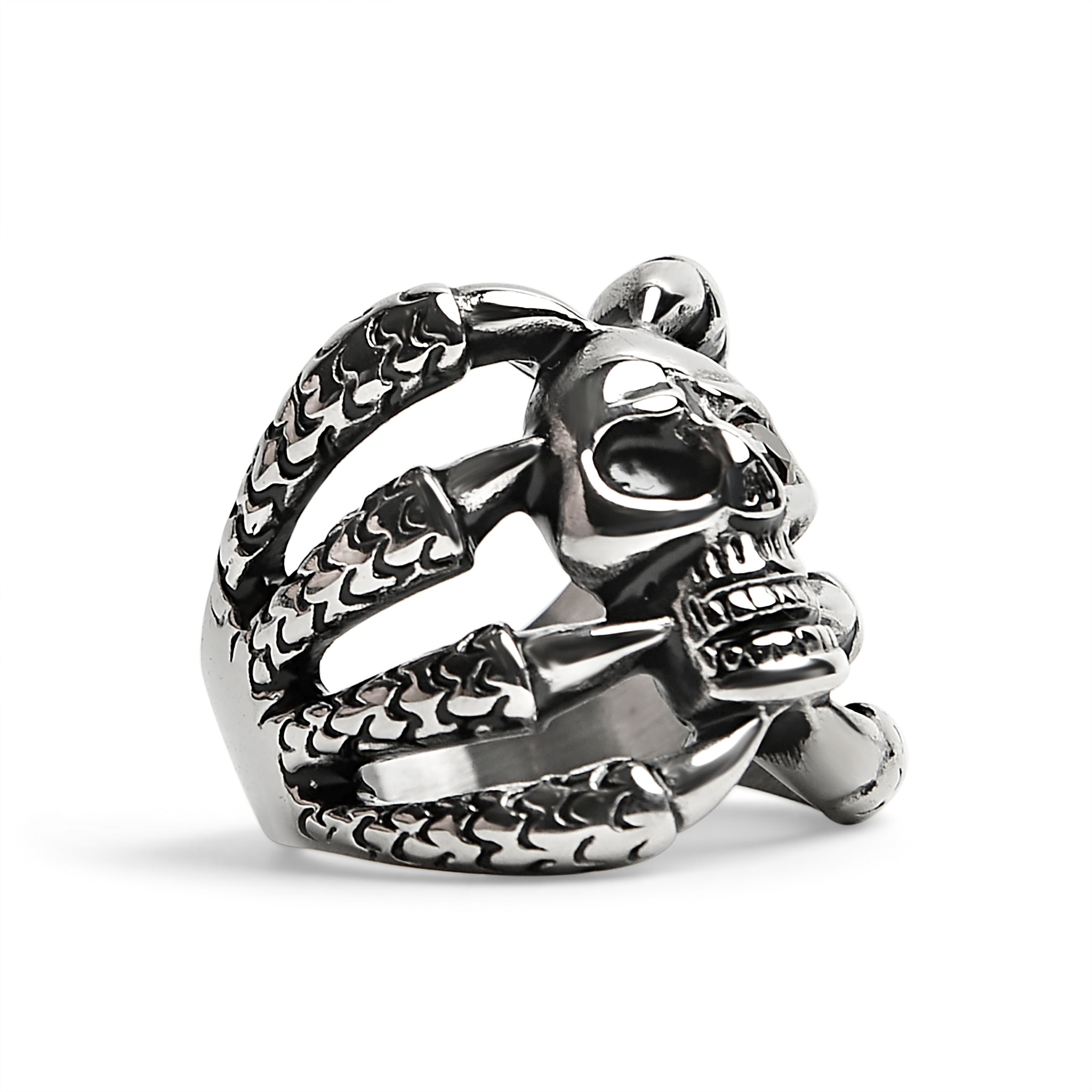 Stainless Steel Dragon Claws Holding Red CZ Eyed Skull Ring / SCR4076