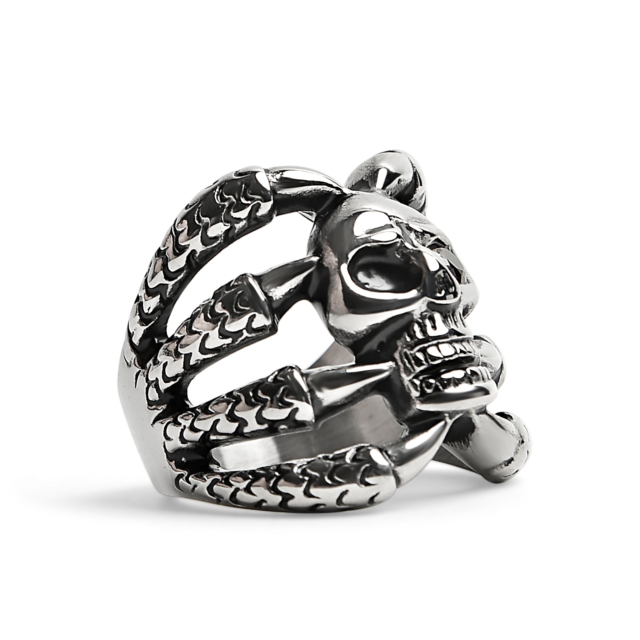 Drakklor i rostfritt stål som håller röd CZ Eyed Skull Ring / SCR4076