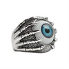 Stainless Steel Skeleton Hands Holding Blue Eyeball Ring / SCR4079