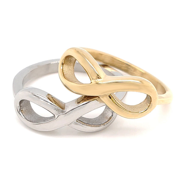 Highly polished infinity stainless steel rings in gold plated and stainless steel color.