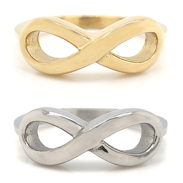 Highly polished infinity stainless steel rings in gold plated and stainless steel color.