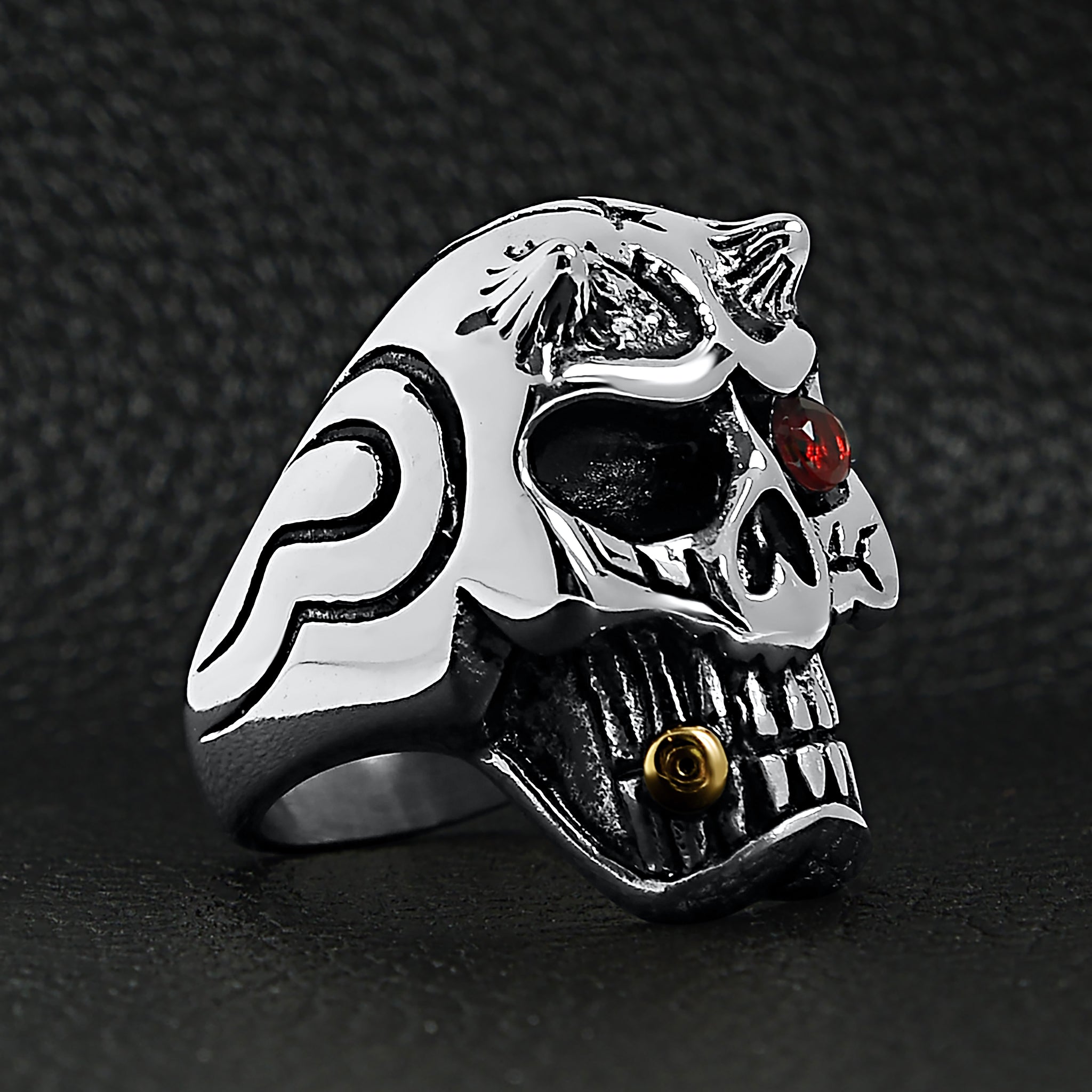 Good Devil Ring Detailed Skull Devil Red Cz Eye Stone & Gold Cigar Stainless Steel Ring ...