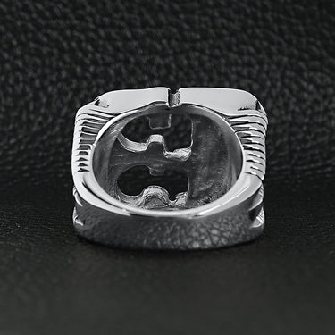 Stainless steel black gothic "13" dragon claw signet ring back view on a black leather background.
