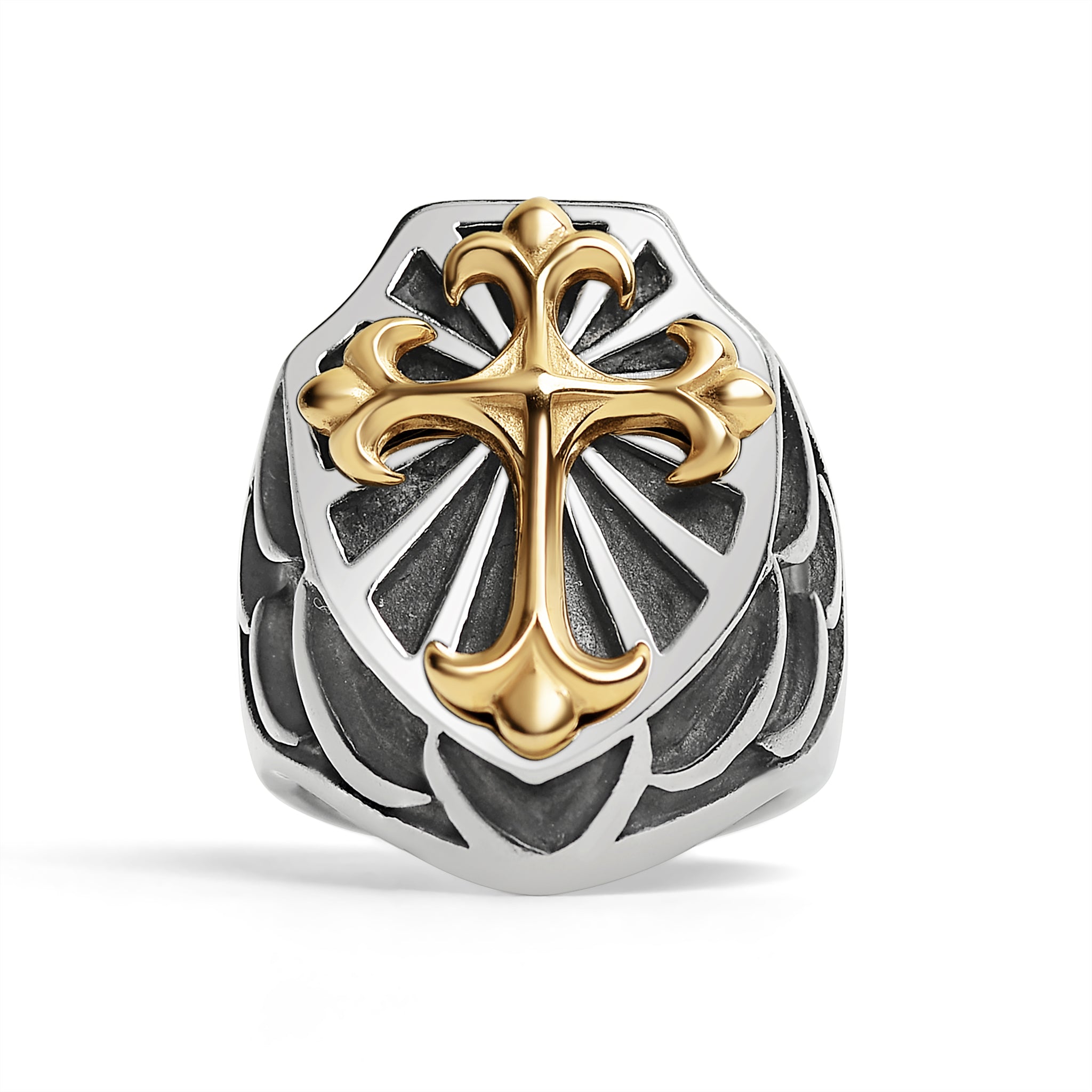 Croix revêtue en PVD en or en acier inoxydable sur le bouclier Shield Ring/SCR4091