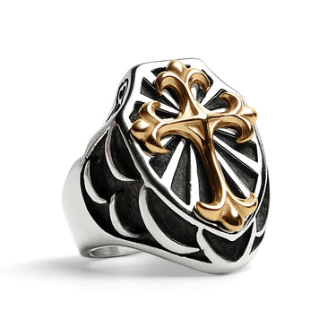 Stainless Steel 18K Gold PVD Coated Cross On Shield Signet Ring / SCR4091
