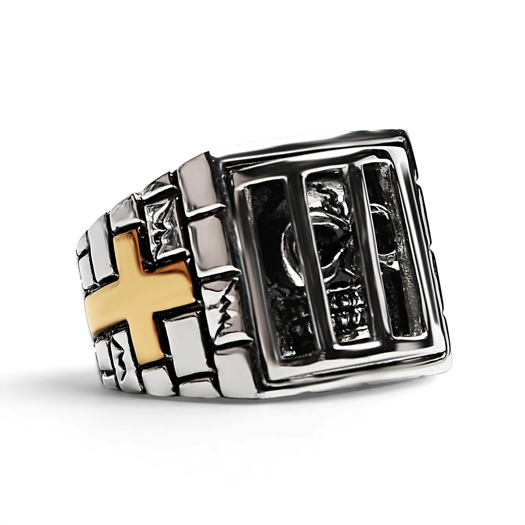 Stainless Steel Medieval Jailed Skull With 18K Gold PVD Coated Cross Accents Ring / SCR4101