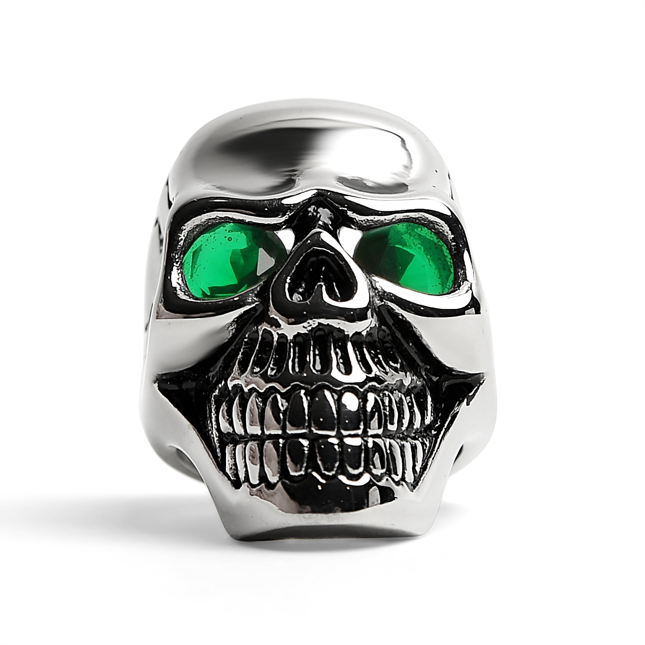 Stainless Steel Green CZ Eyed Cracked Skull Ring / SCR4108