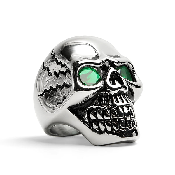 Stainless Steel Green CZ Eyed Cracked Skull Ring / SCR4108
