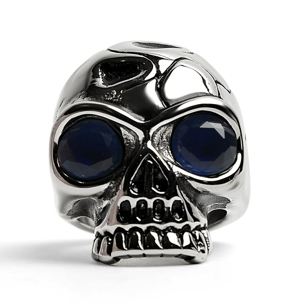 Stainless Steel Blue CZ Eyed Cracked Skull Ring / SCR4111