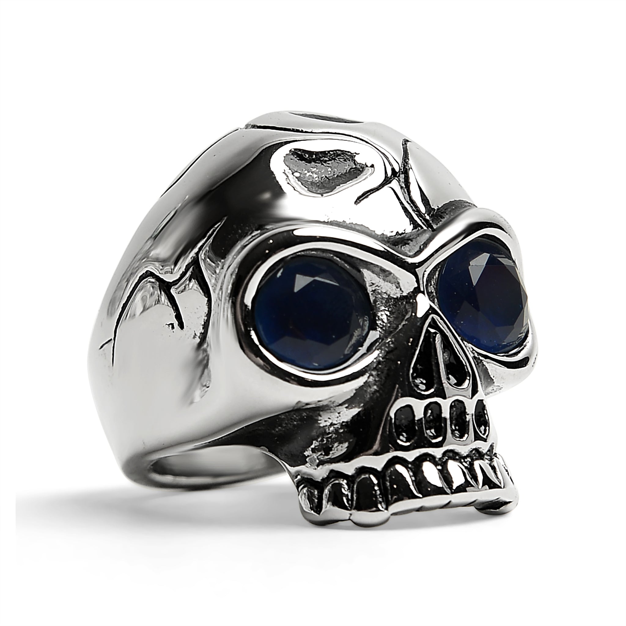 Stainless Steel Blue CZ Eyed Cracked Skull Ring / SCR4111