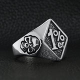 Stainless steel "1%er" with skull accents signet ring angled on a black leather background.
