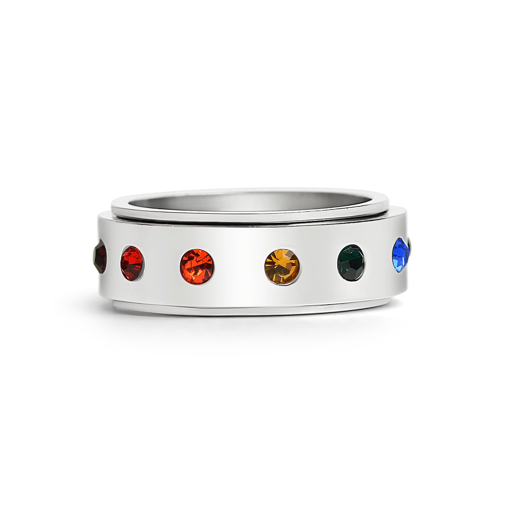 Rainbow CZ Spinner Center Highly Polished Stainless Steel Ring / SRJ0111-mens stainless steel jewelry- 316l stainless steel jewelry- stainless steel mens jewelry- jewelry stainless steel- stainless steel jewelry made in china