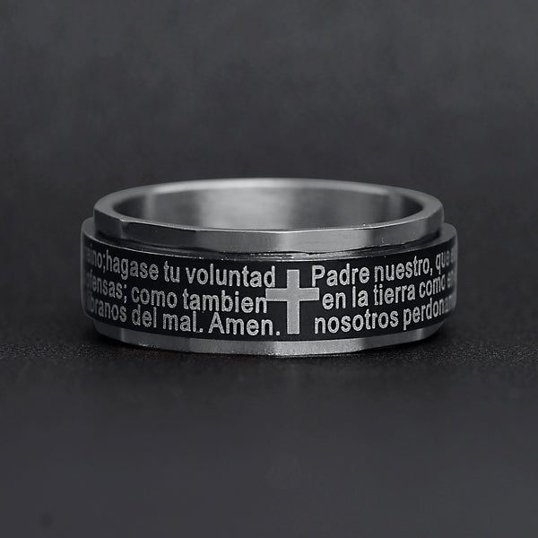 Black Stainless Steel Spanish Lord's Prayer Center Spinner Ring