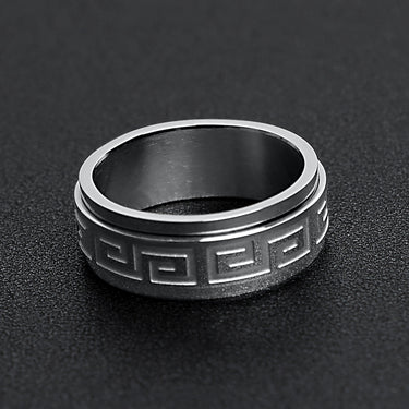 Highly Polished Greek Key Stainless Steel Spinner Ring Lifestyle