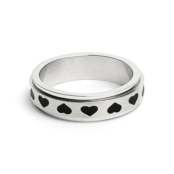 Black Hearts Spinner Center Polished Stainless Steel Ring