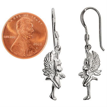Sterling silver nude angel earrings with a penny for scale.