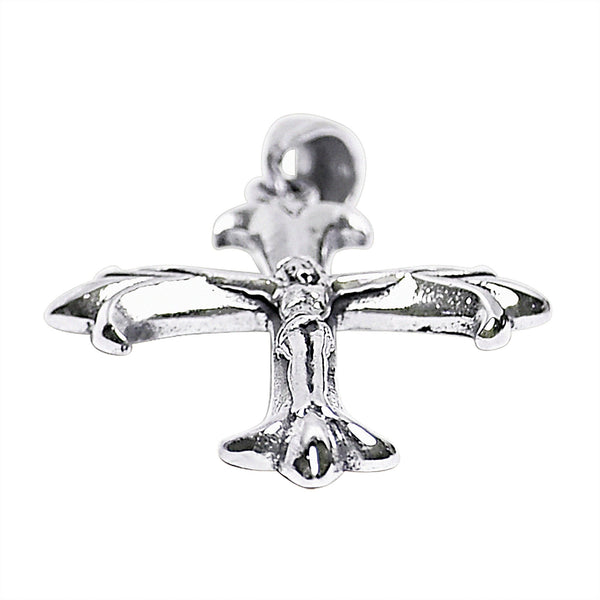 Sterling silver crucifix cross pendant at an angle.