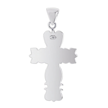 Sterling silver detailed cross pendant, back view.