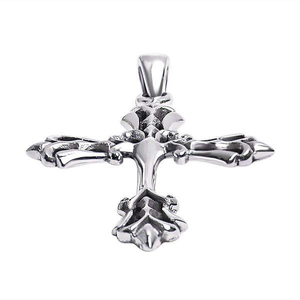 Sterling silver detailed cross pendant at an angle.