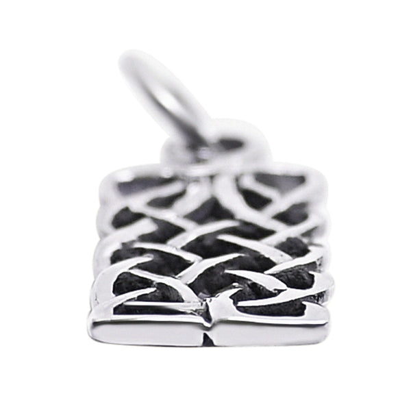 Sterling silver Celtic knot rectangle pendant at an angle.