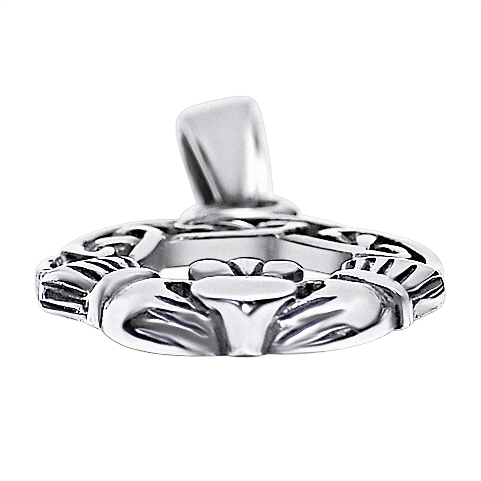 Sterling silver Celtic knot Claddagh pendant at an angle.