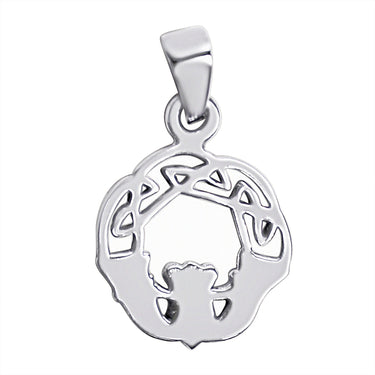 Sterling silver Celtic knot Claddagh pendant, back view.