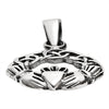 Sterling silver Celtic knot Claddagh pendant at an angle.