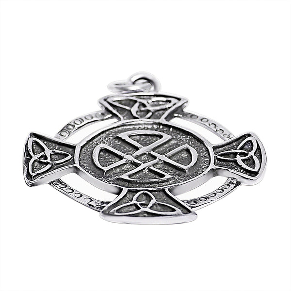 Sterling silver Celtic Quaternary Knot cross pendant, angled.