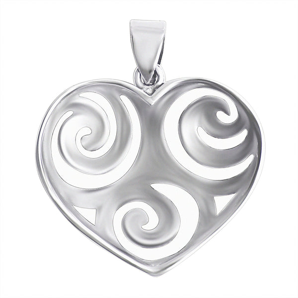 Sterling silver swirl heart pendant, back view.