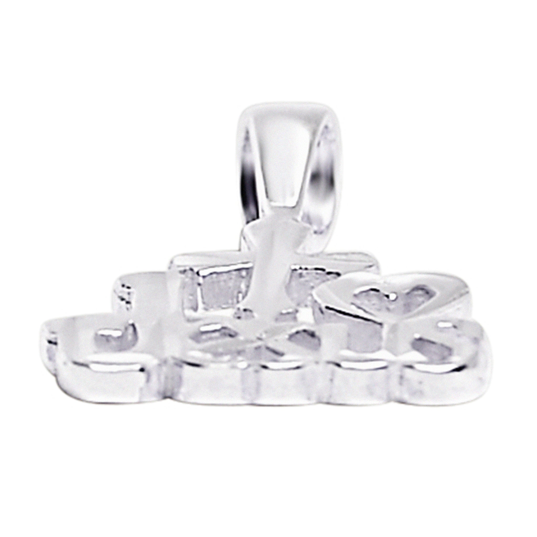 Sterling silver I love Jesus pendant at an angle.