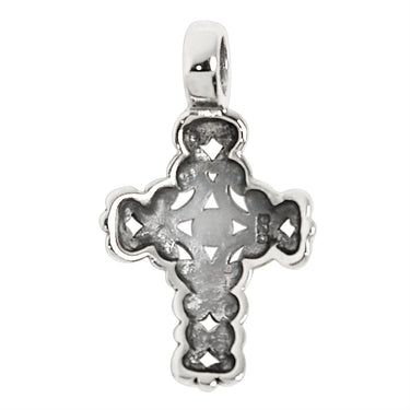 Sterling silver filigree Cross pendant, back view.