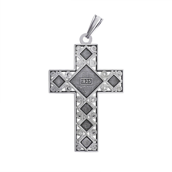 Sterling silver diamond shape filigree Cross pendant, back view.