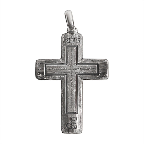 Sterling silver cobblestone Cross pendant, back view.