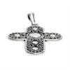 Sterling silver detailed Cross pendant at an angle.