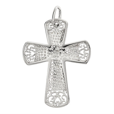 Sterling silver filigree Fleur de Lis Cross pendant, back view.