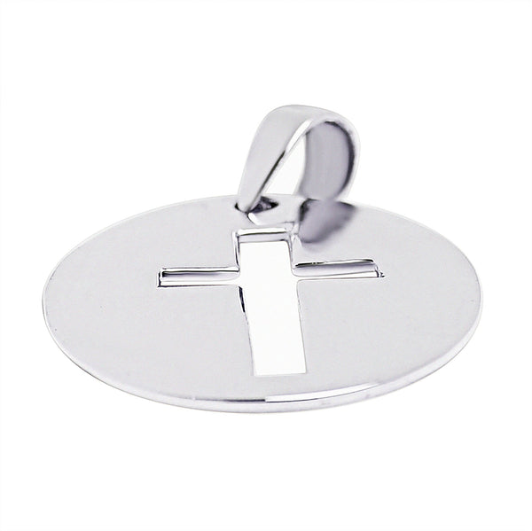 Sterling silver oval Cross cutout pendant at an angle.
