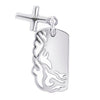 Sterling silver dog tag flame cutout with cross pendant, back view.