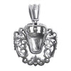 Sterling silver filigree king skull pendant, back view.