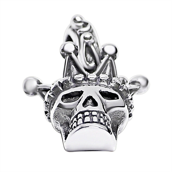 Sterling silver jester skull pendant at an angle.