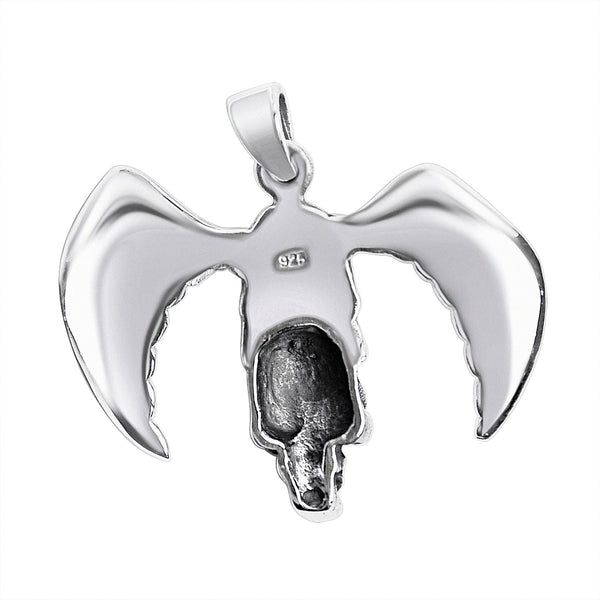 Sterling silver vulture on skull pendant, back view.