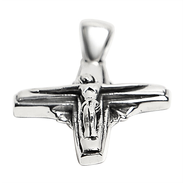 Sterling silver Crucifix Cross pendant at an angle.