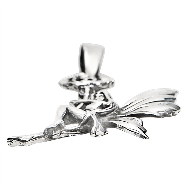 Sterling silver fairy and flower pendant at an angle.