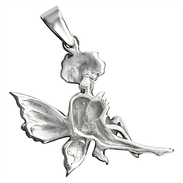 Sterling silver fairy and flower pendant, back view.