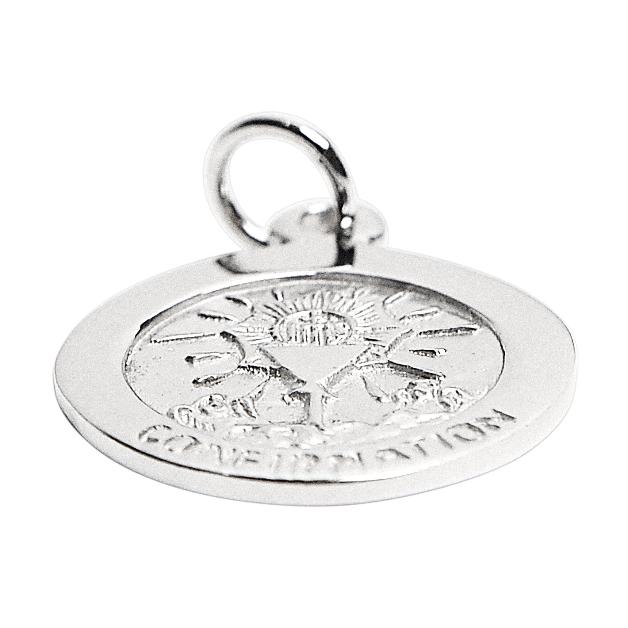Sterling silver "Confirmation" pendant at an angle.