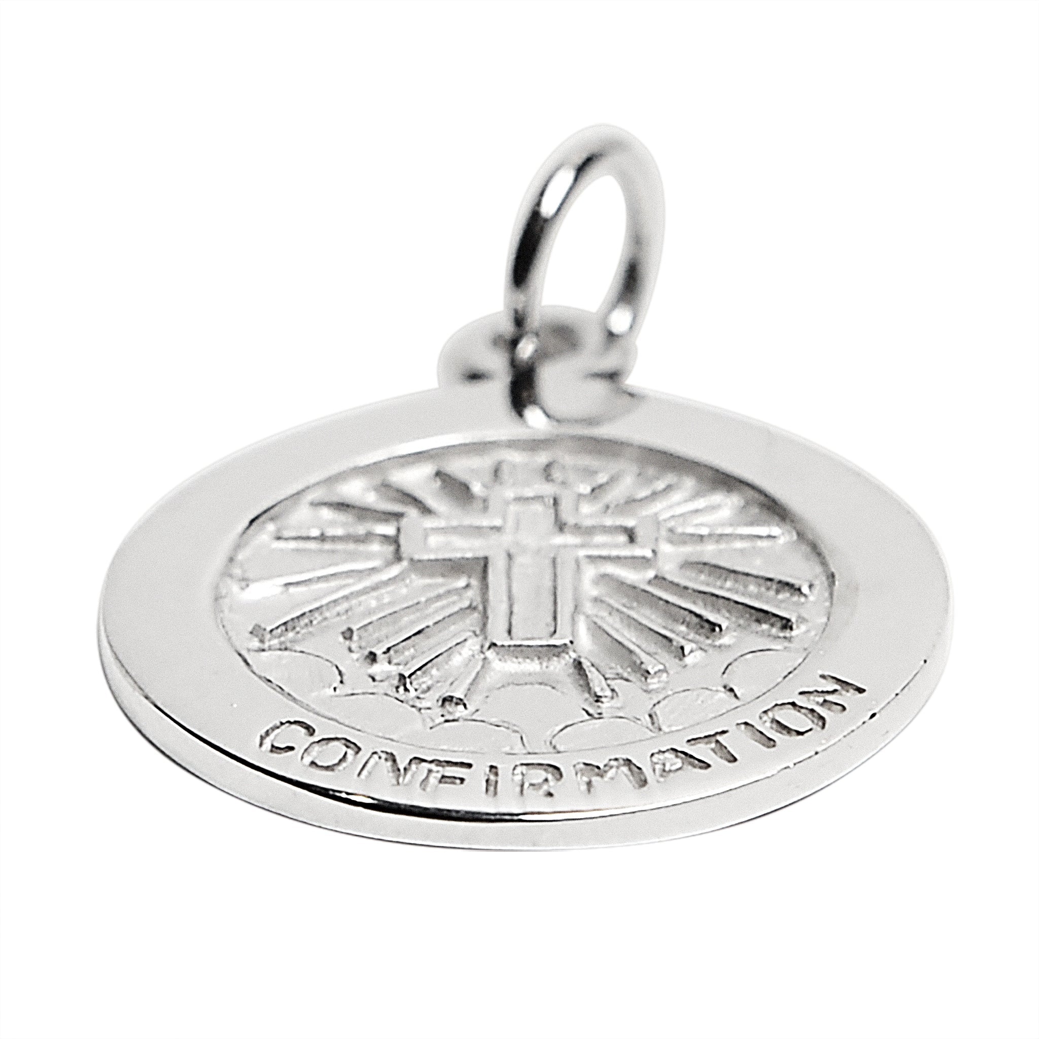 Sterling silver "Confirmation" Cross pendant at an angle.
