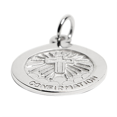 Sterling silver "Confirmation" Cross pendant at an angle.