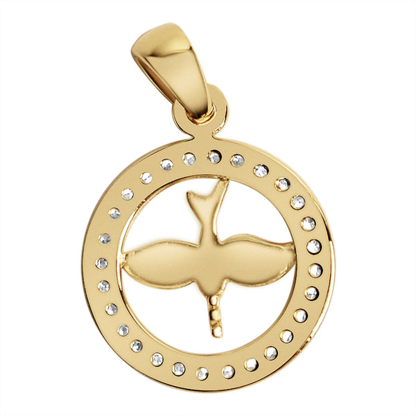 Sterling silver 18K gold PVD Coated Cubic Zirconia circled dove pendant, back view.