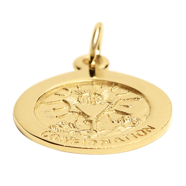 Sterling silver 18K gold PVD Coated "Confirmation" pendant at an angle.