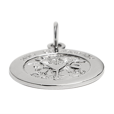 Sterling silver "Holy Communion" pendant at an angle.