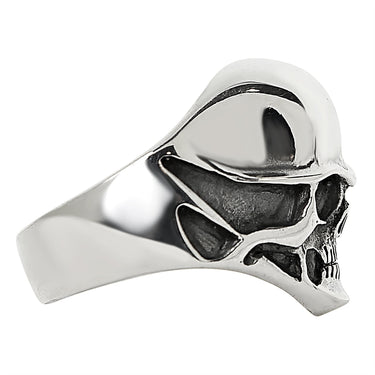 Sterling silver black eyed skull ring side view.